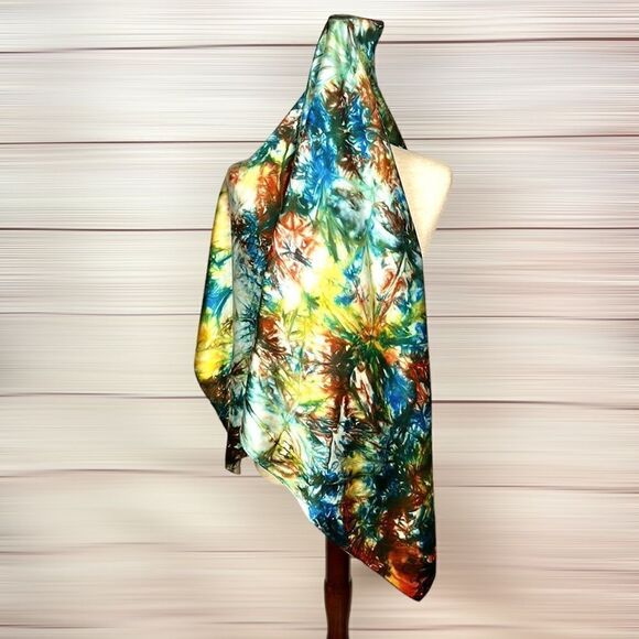Large Silk Satin Square Scarf Abstract Print Hand Rolled - Picture 2 of 11